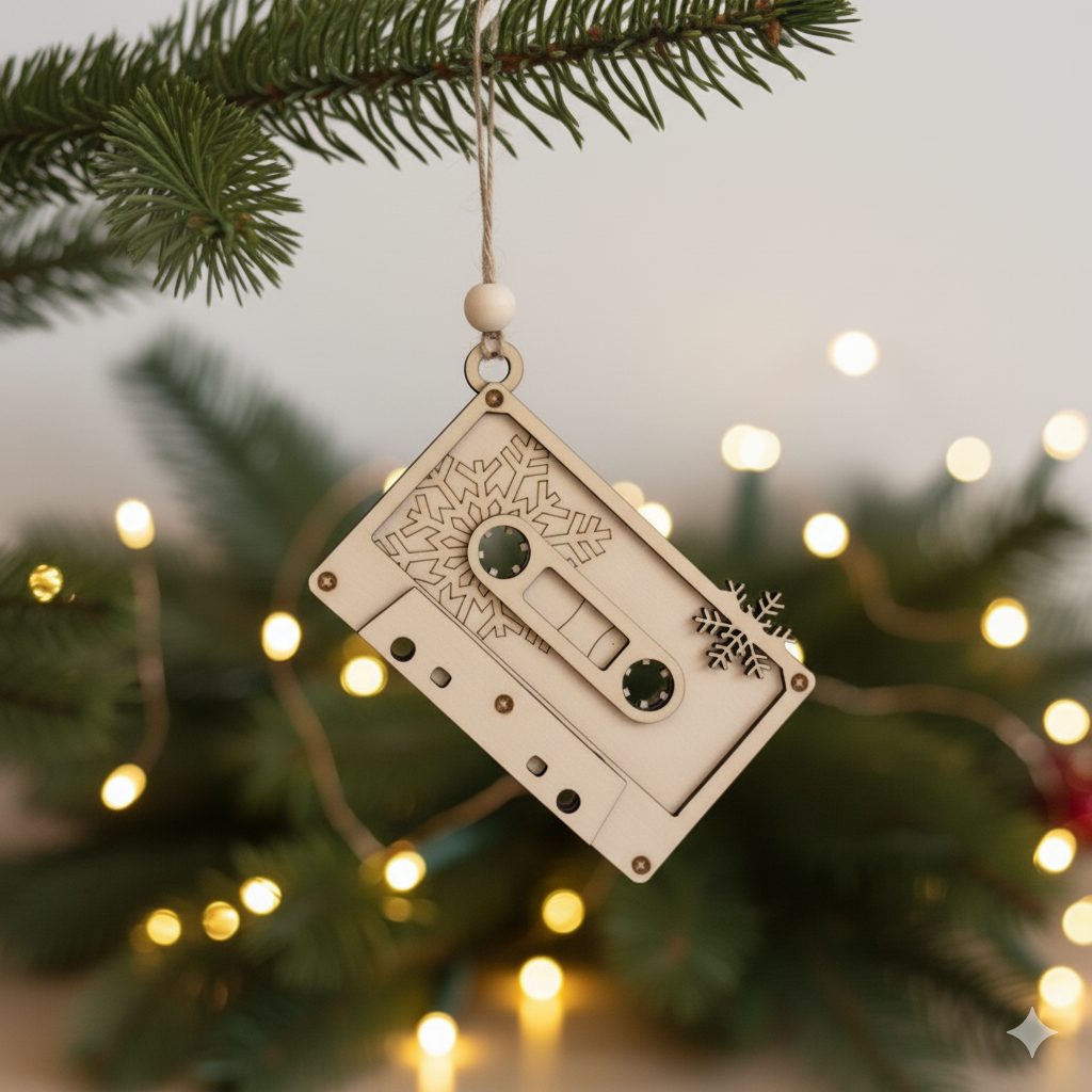 “Retro wooden cassette Christmas ornament hanging on tree branch with fairy lights – handmade by CraftRay Gifts”