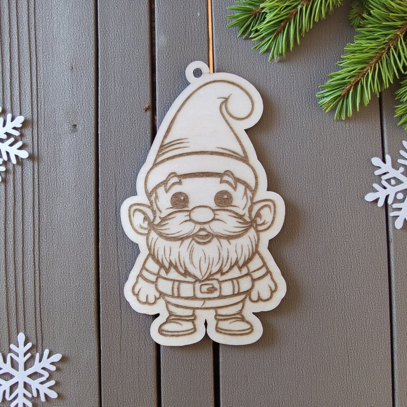 Santa Claus wooden decoration, engraved Christmas ornament with round belly.