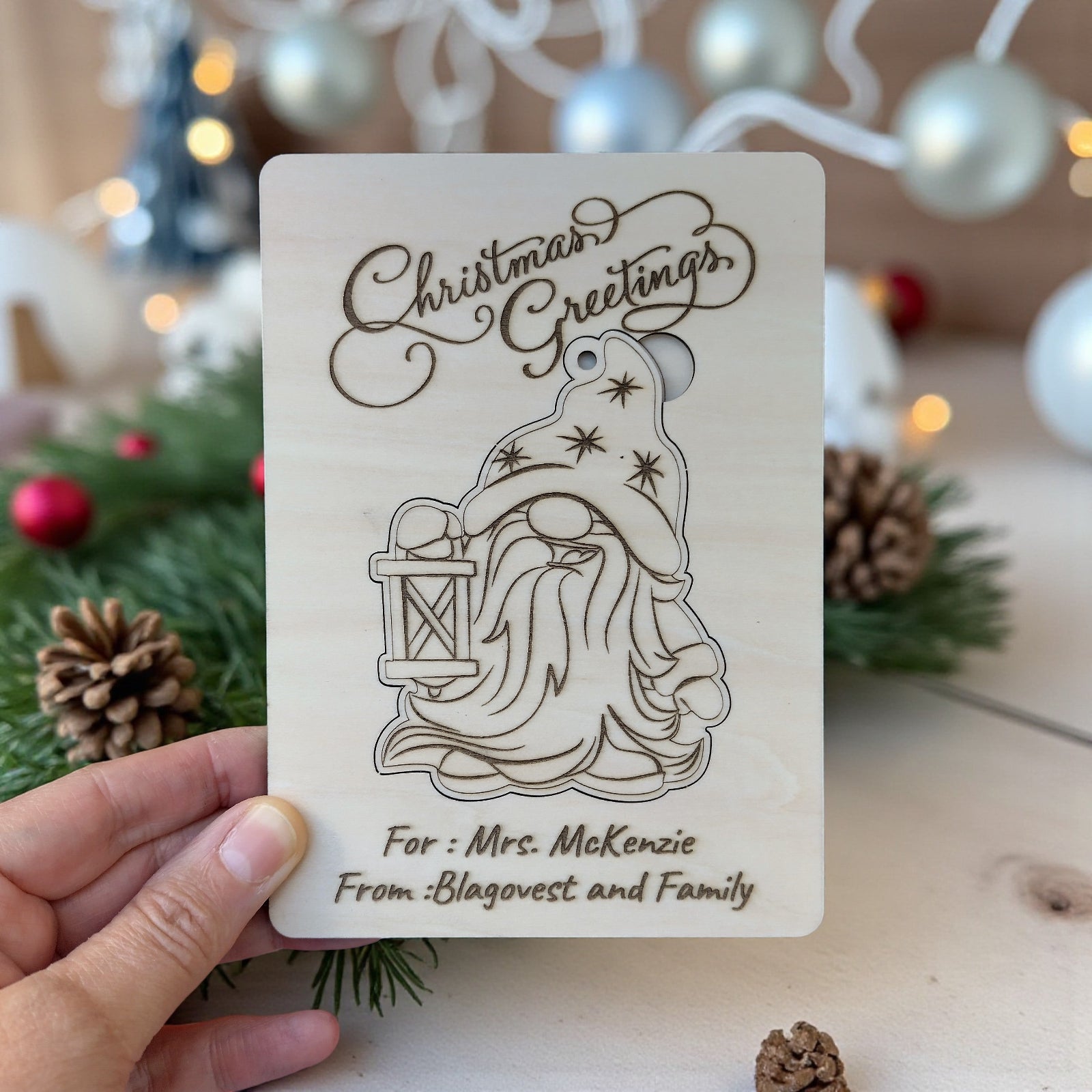 Laser engraved wooden Christmas card with removable gnome ornament