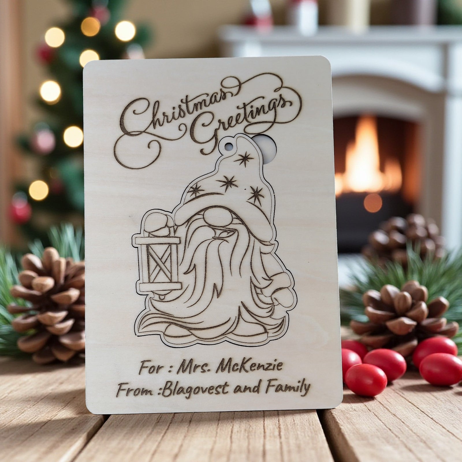 Personalized wooden Christmas card engraved with gnome and custom teacher message