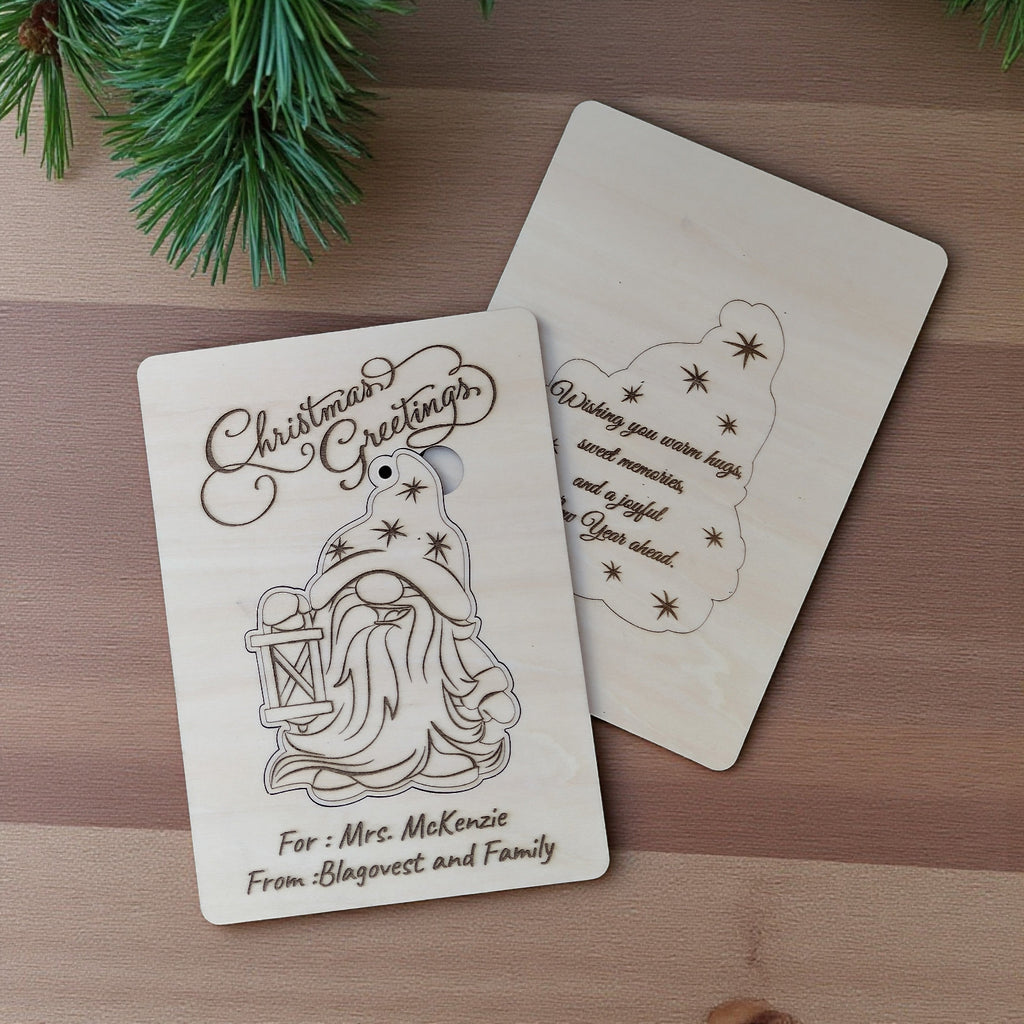 engraved wooden Christmas cards showing front design and back message