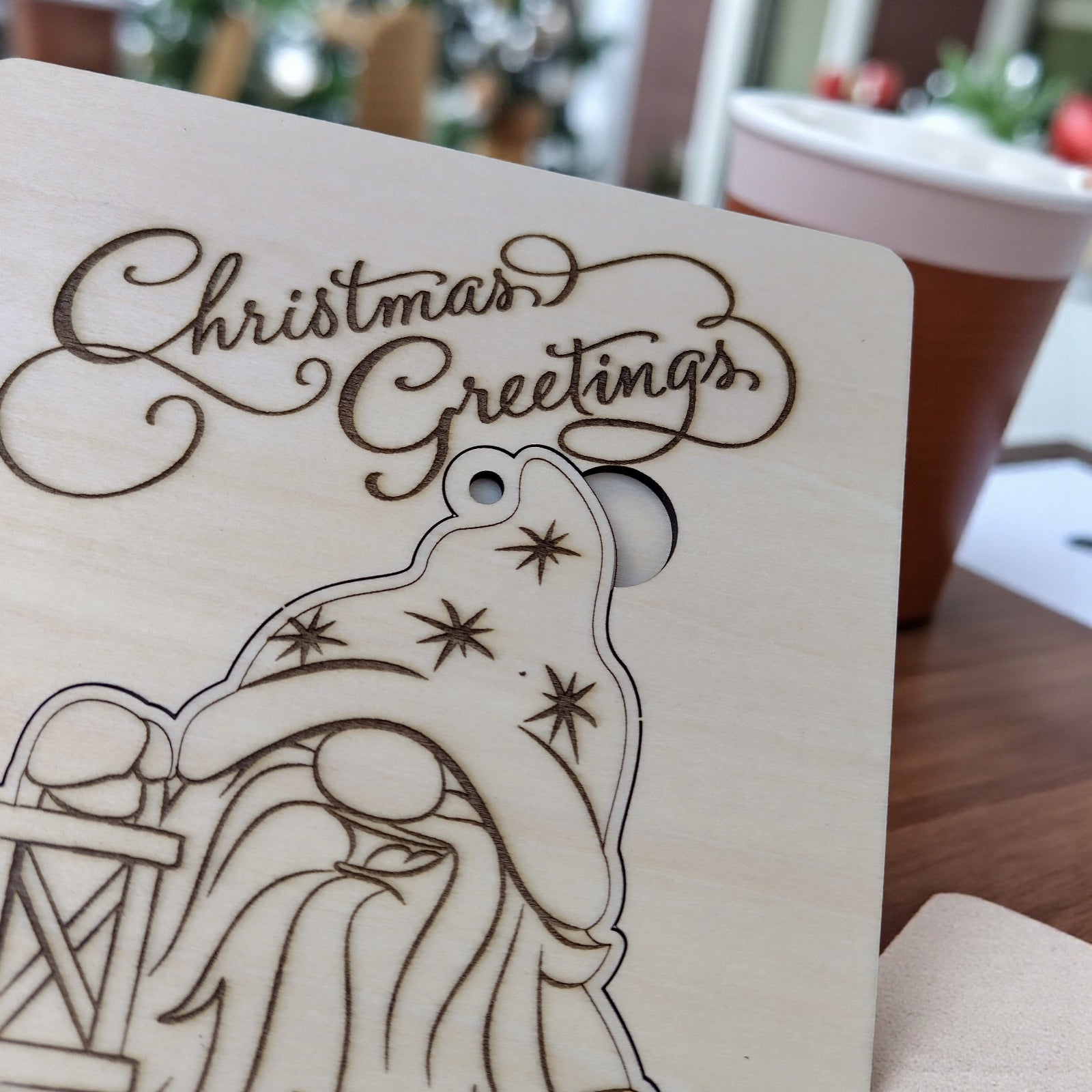 Wooden Christmas card with laser engraved gnome and “Christmas Greetings” text