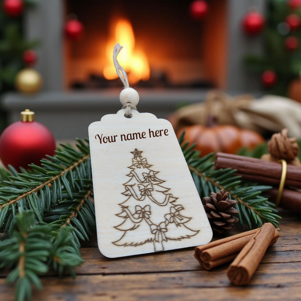Personalised wooden Christmas tree gift tag, engraved and handmade by CraftRay Gifts – perfect for decorating presents.